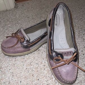 Sperry Boat shoes; mauve and chrome with pin stripes